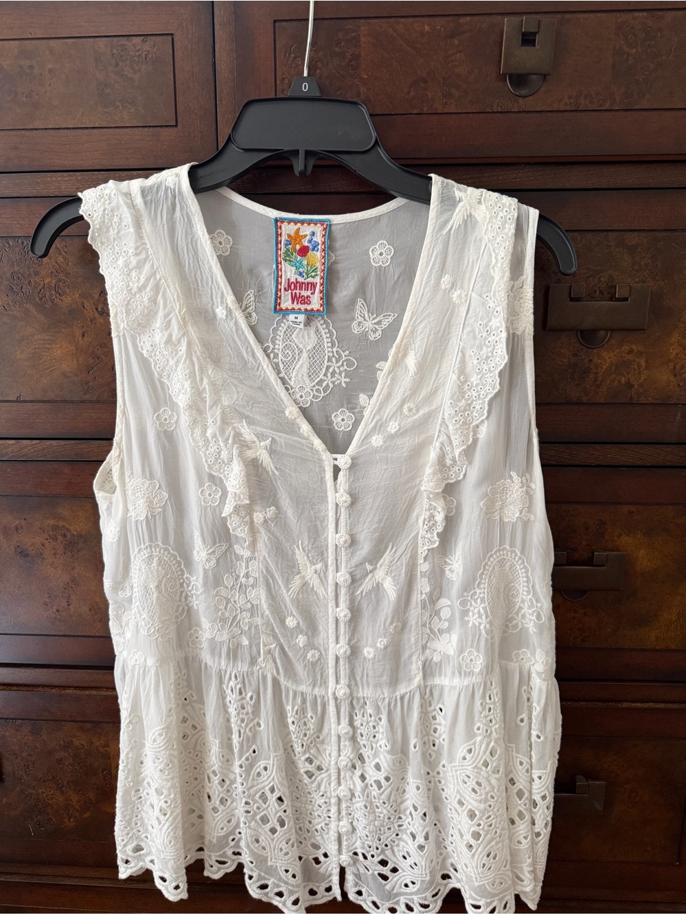 Johnny Was White Embroidered Sleeveless Peplum Blouse- M